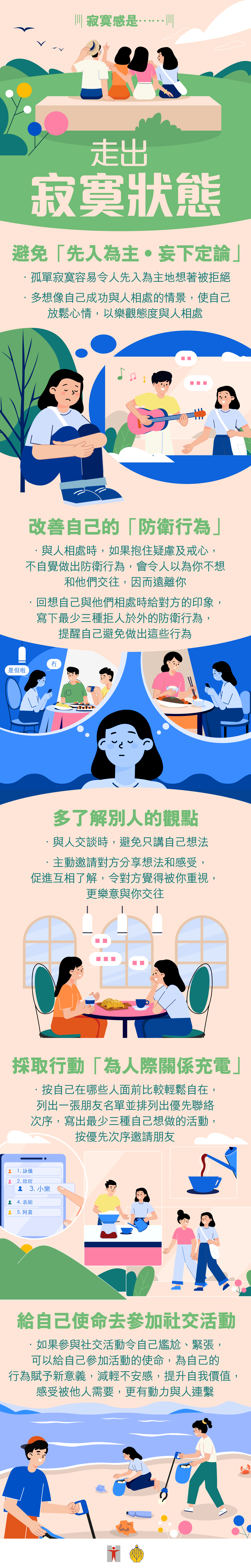 寂寞感是…… / 走出寂寞狀態 / 避免「先入為主 • 妄下定論」 / 孤單寂寞容易令人先入為主地想著被拒絕 / 多想像自己成功與人相處的情景，使自己放鬆心情，以樂觀態度與人相處 / 改善自己的「防衛行為」 / 與人相處時，如果抱住疑慮及戒心，不自覺做出防衛行為，會令人以為你不想和他們交往，因而遠離你 / 回想自己與他們相處時給對方的印象，寫下最少三種拒人於外的防衛行為，提醒自己避免做出這些行為 / 多了解別人的觀點 / 與人交談時，避免只講自己想法 / 主動邀請對方分享想法和感受，促進互相了解，更令對方覺得被你重視，樂意與你交往 / 採取行動「為人際關係充電」 / 按自己在哪些人面前比較輕鬆自在，列出一張朋友名單並排列出優先聯絡次序，寫出最少三種自己想做的活動，按優先次序邀請朋友 / 給自己使命去參加社交活動 / 如果參與社交活動令自己尷尬、緊張，可以給自己參加活動的使命，為自己的行為賦予新意義，減輕不安感，提升自我價值， 感受被他人需要，更有動力與人連繫